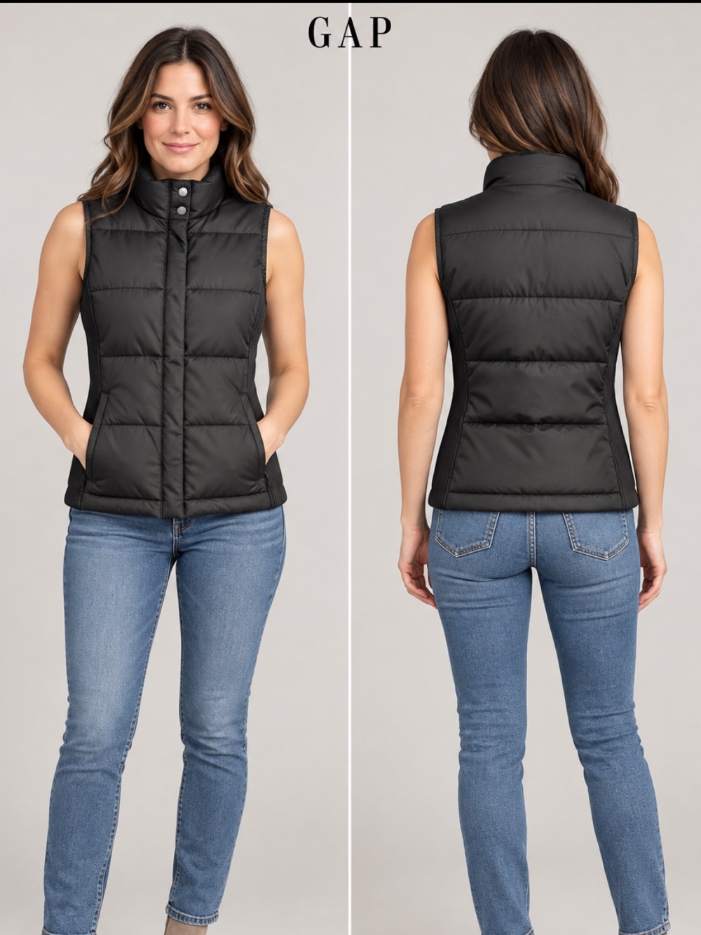 Gap Black Down Puffer Vest with Ribbed Side Panels - Size Small